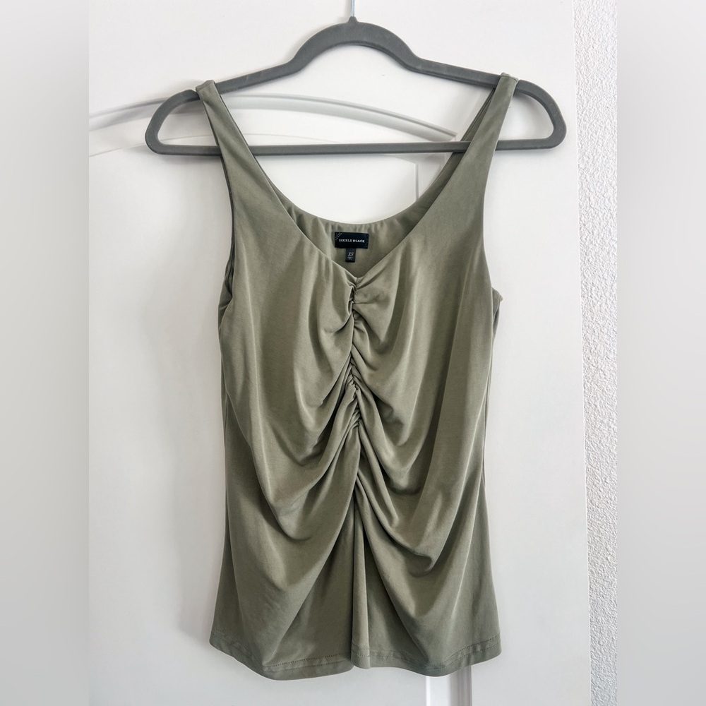 BKE Buckle Sea Spray Olive Green Ruched Tank Top XS Sleeveless Stretch Top